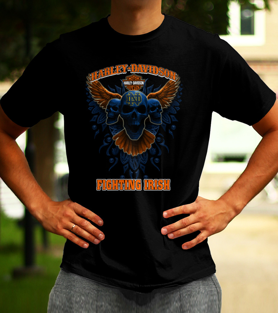 Harley Davidson Motorcycles Notre Dame Fighting Irish Skulls Wings T-Shirt