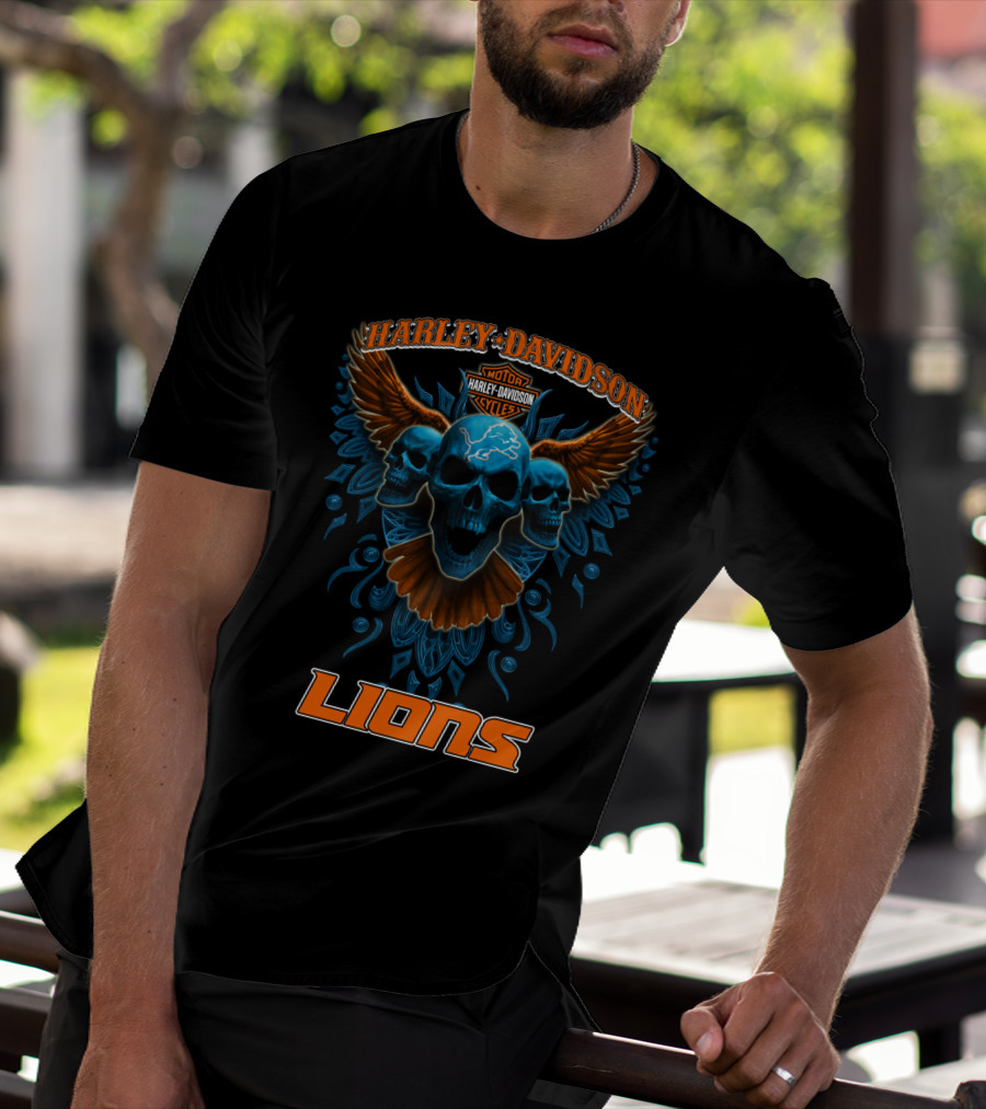 Harley Davidson Motor Cycles Detroit Lions Skulls Wings T-Shirt