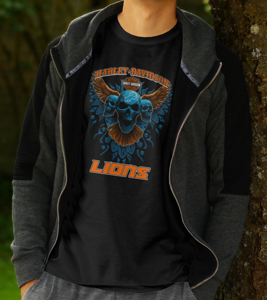Harley Davidson Motor Cycles Detroit Lions Skulls Wings T-Shirt