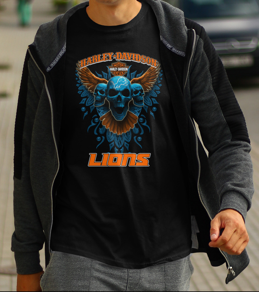Harley Davidson Motor Cycles Detroit Lions Skulls Wings T-Shirt
