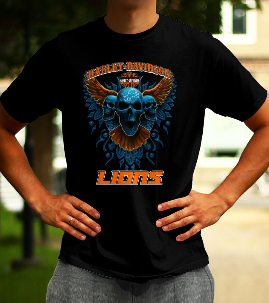 Harley Davidson Motor Cycles Detroit Lions Skulls Wings T-Shirt