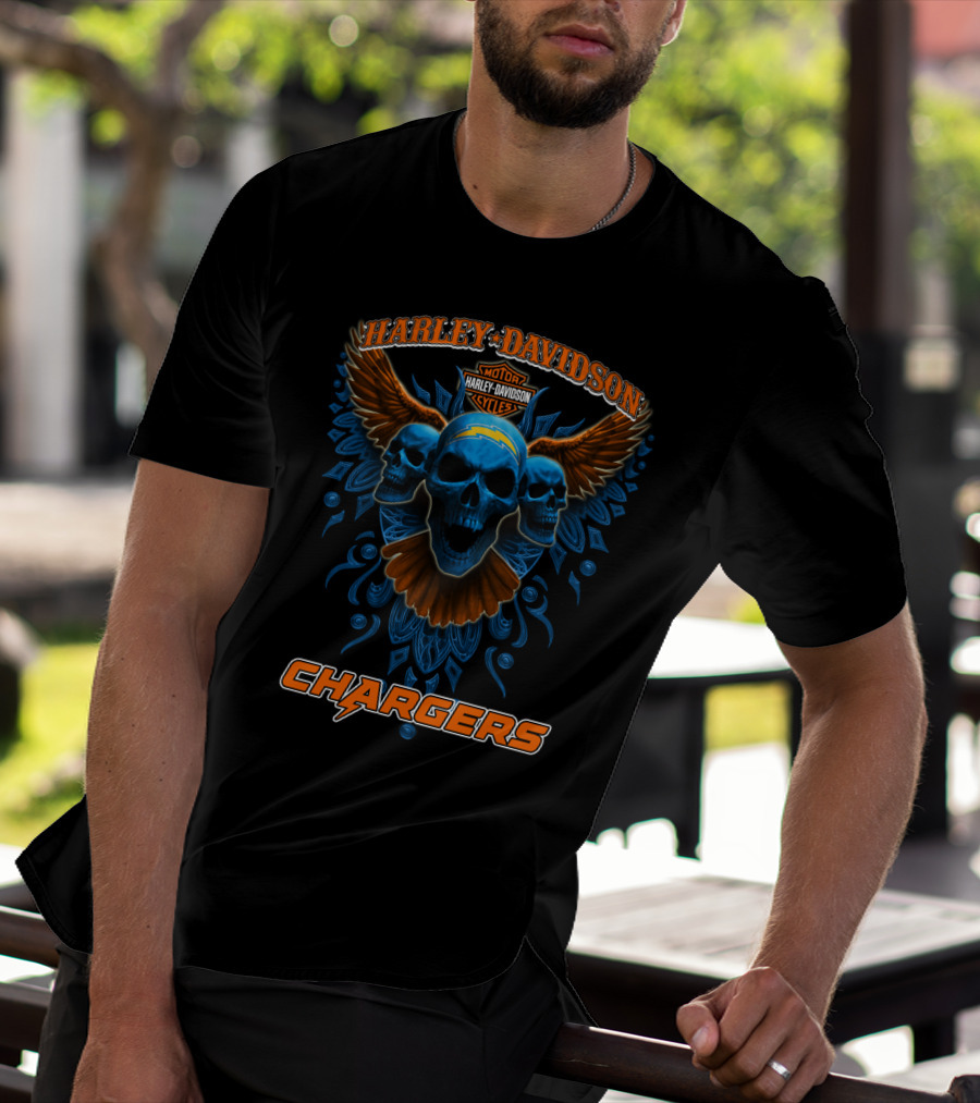 Harley Davidson Motor Cycles Chargers Skulls Wings Orange Blue T-Shirt