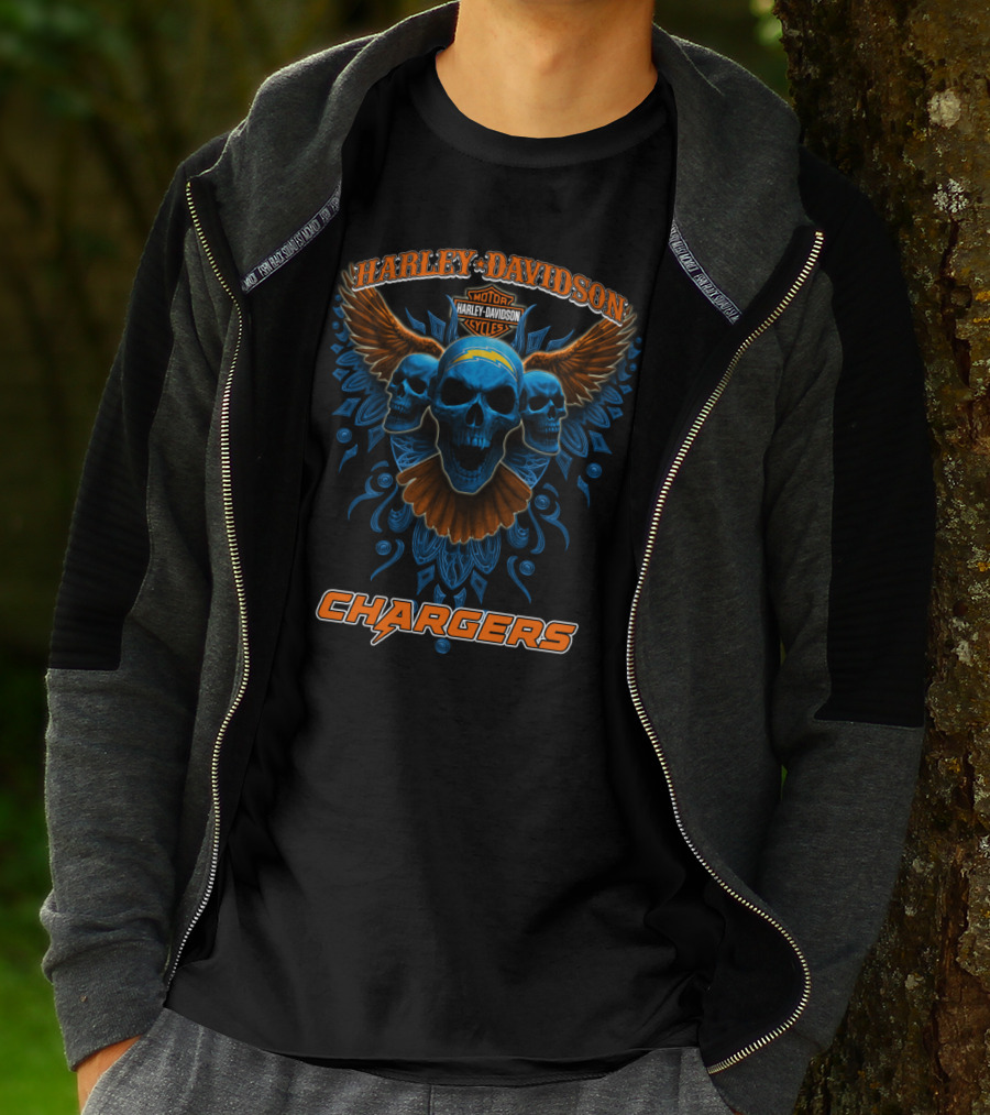 Harley Davidson Motor Cycles Chargers Skulls Wings Orange Blue T-Shirt