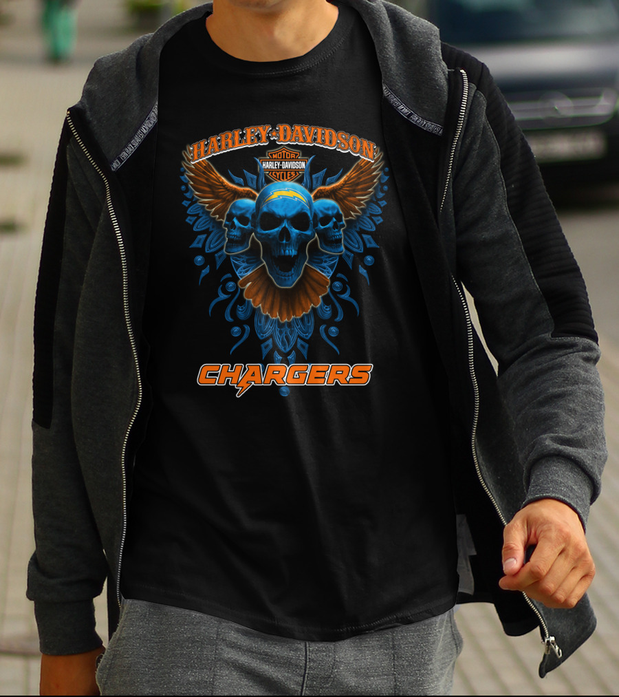 Harley Davidson Motor Cycles Chargers Skulls Wings Orange Blue T-Shirt