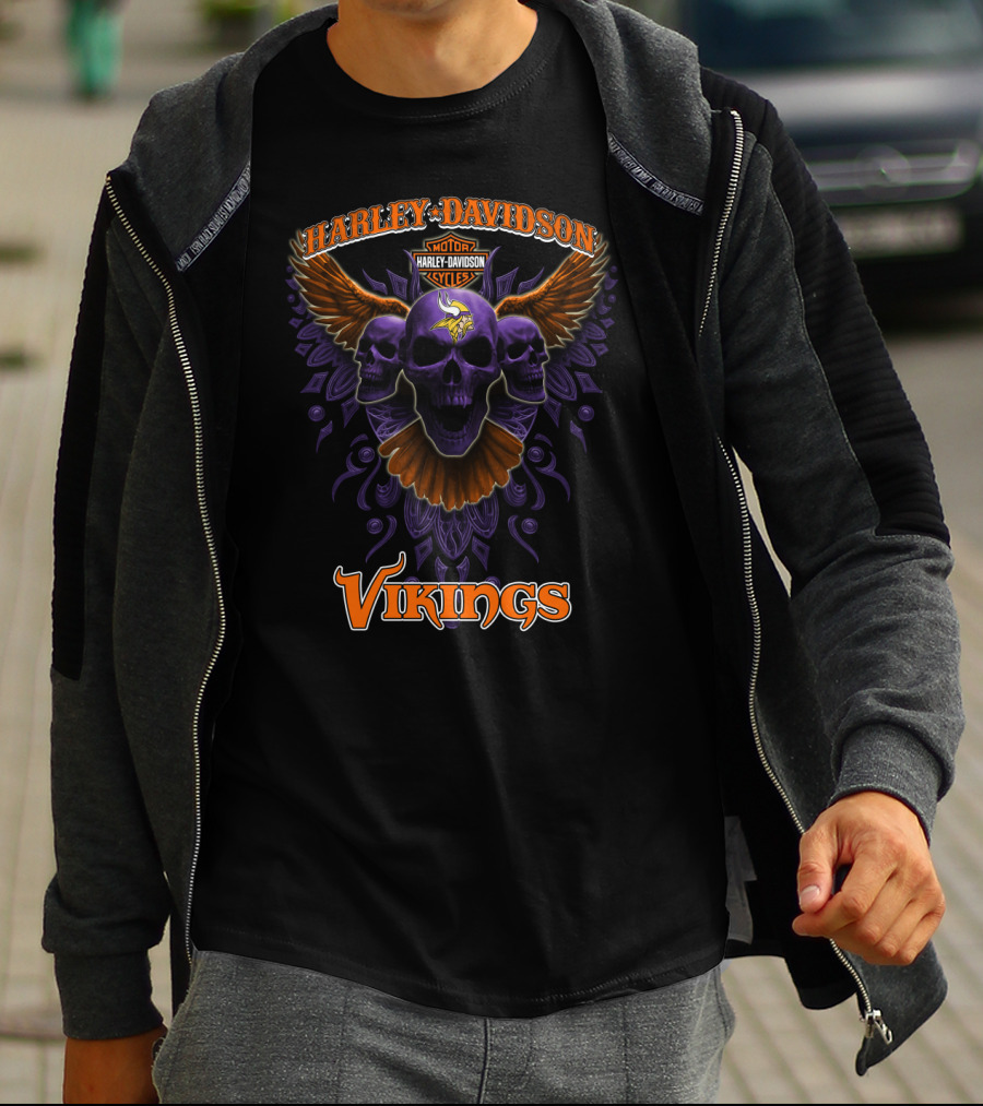 Harley Davidson Vikings Minnesota Nfl Skulls Art T-Shirt