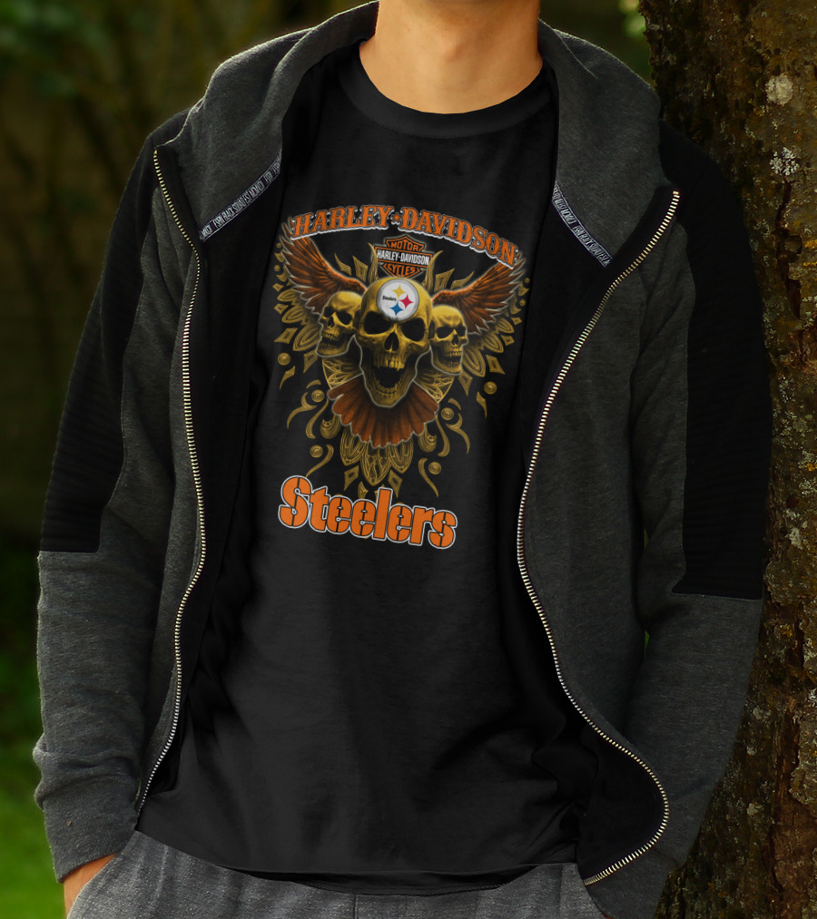 Harley Davidson Steelers Motor Cycles Skulls Wings T-Shirt