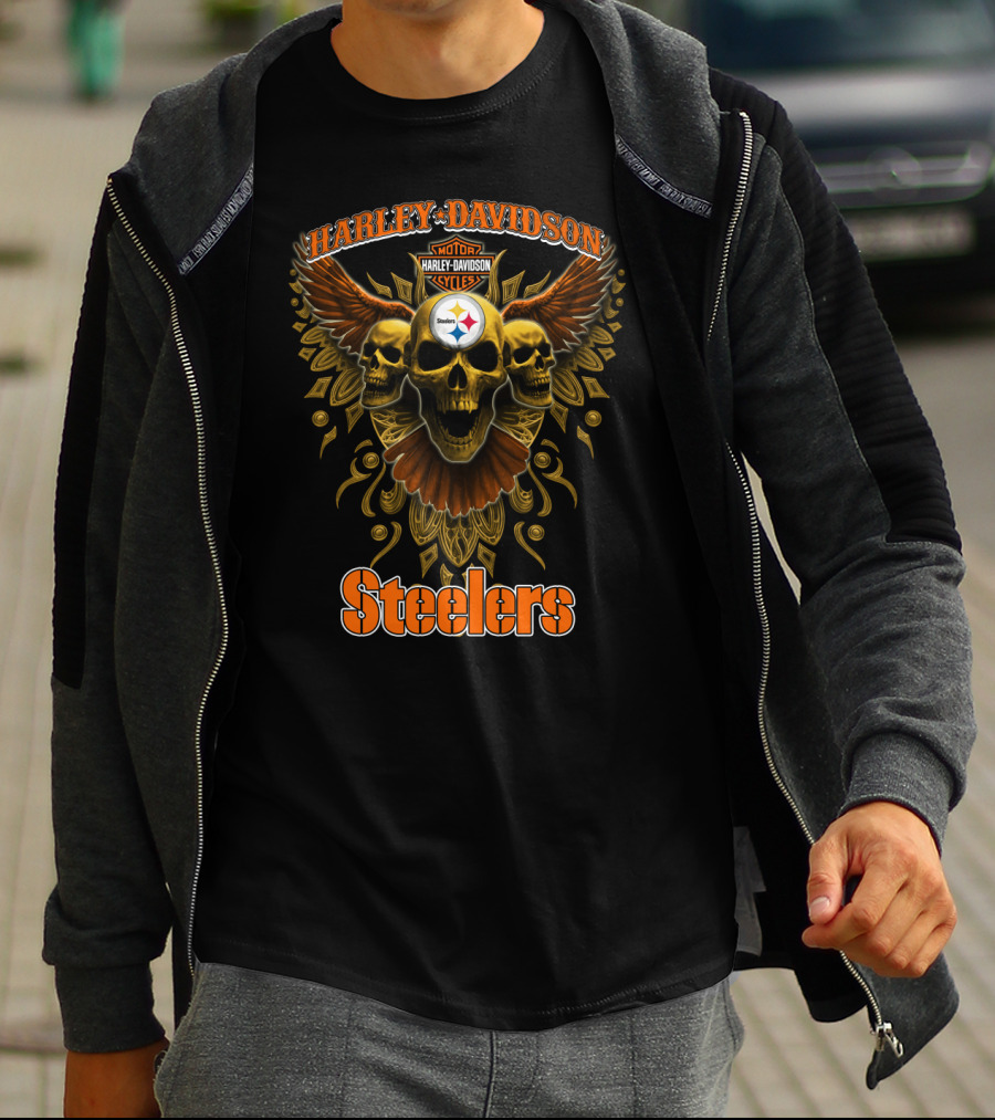 Harley Davidson Steelers Motor Cycles Skulls Wings T-Shirt