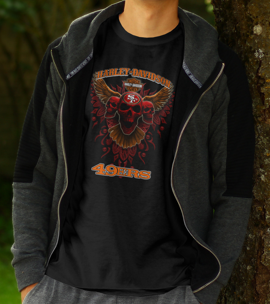 Harley Davidson Motor Cycles Sf 49ers Skulls Wings T-Shirt