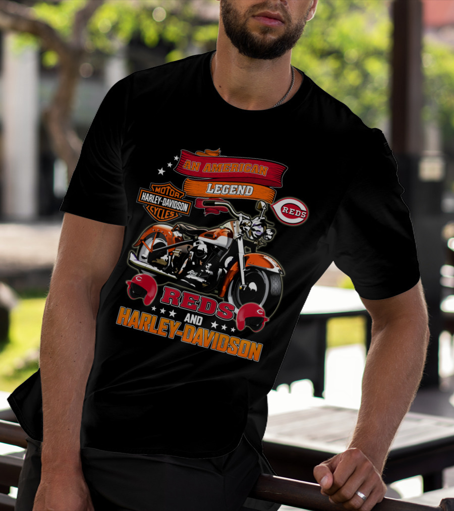 An American Legend Reds And Harley Davidson Motorcycle Mlb T-Shirt