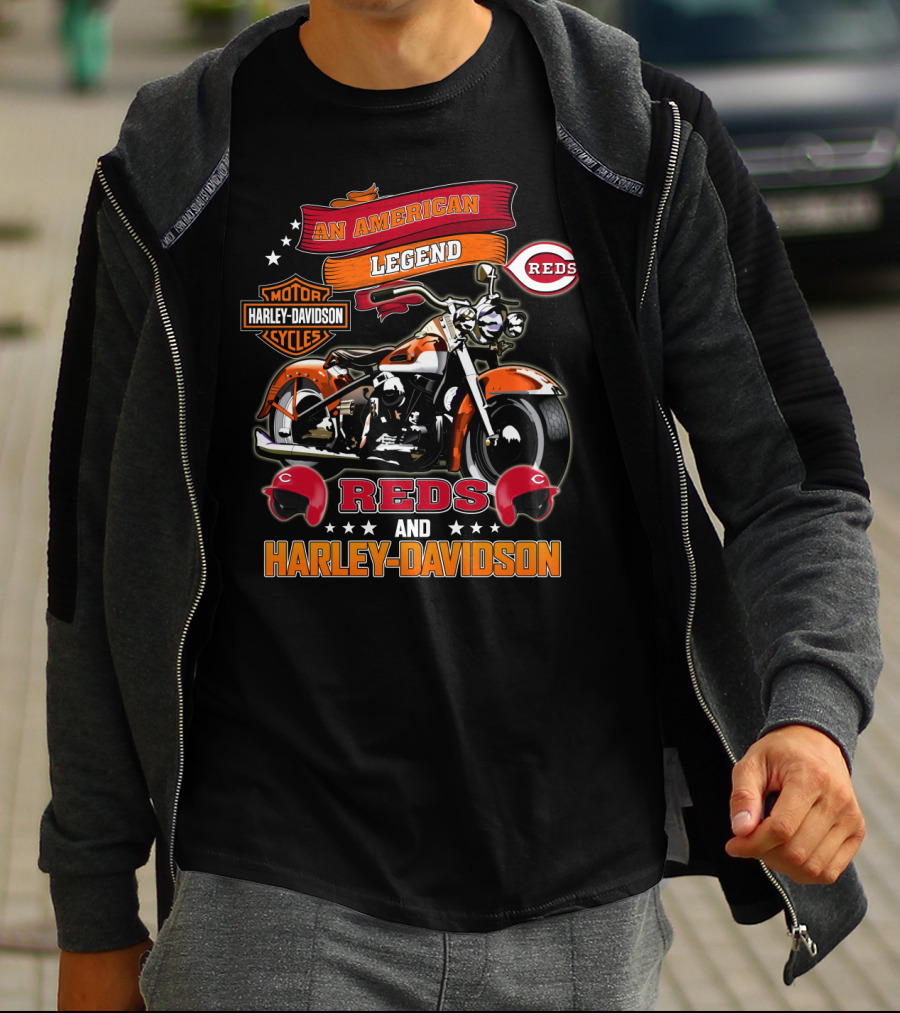 An American Legend Reds And Harley Davidson Motorcycle Mlb T-Shirt