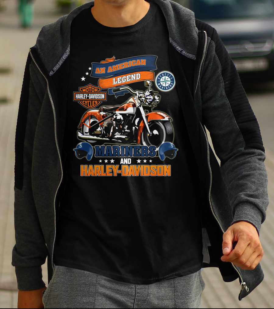 An American Legend Seattle Mariners Harley Davidson Motor Cycles T-Shirt