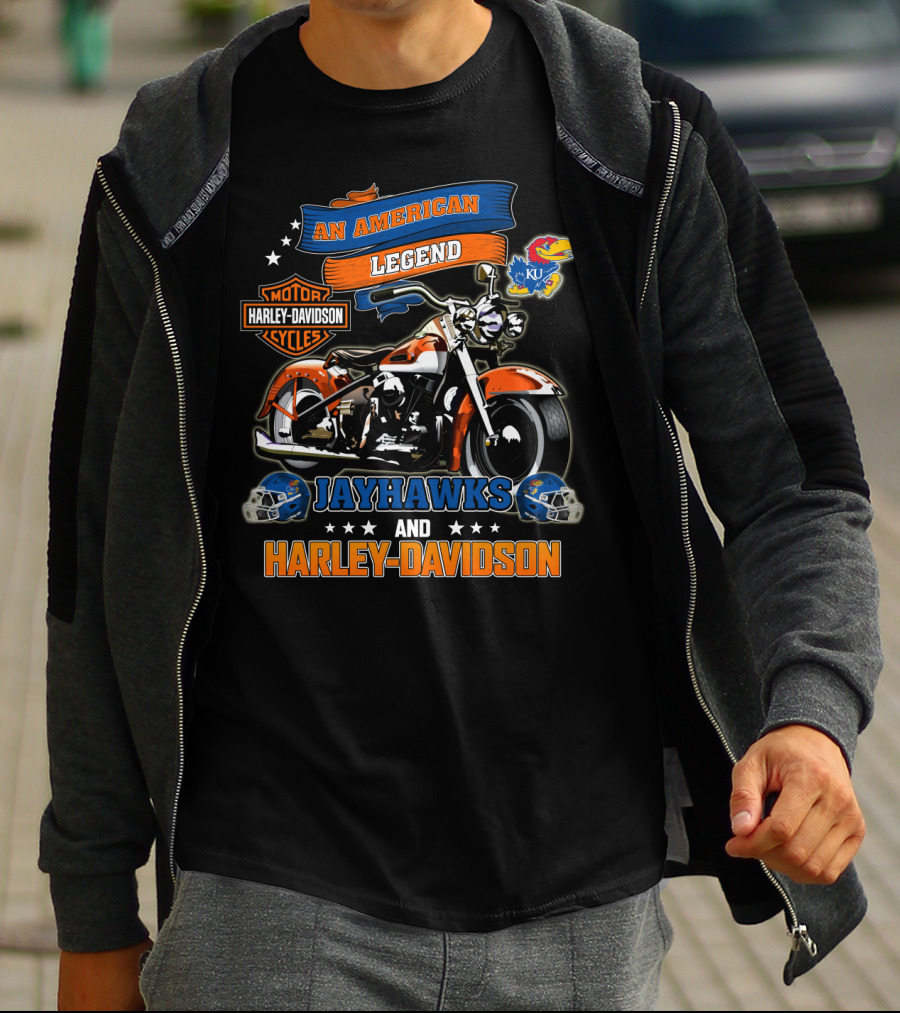 Kansas Jayhawks An American Legend Harley Davidson Motor Cycles Ku Football Helmets T-Shirt