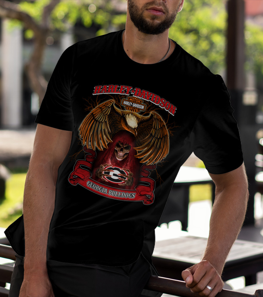 Harley Davidson Georgia Bulldogs Skull And Eagle Motorcycles T-Shirt