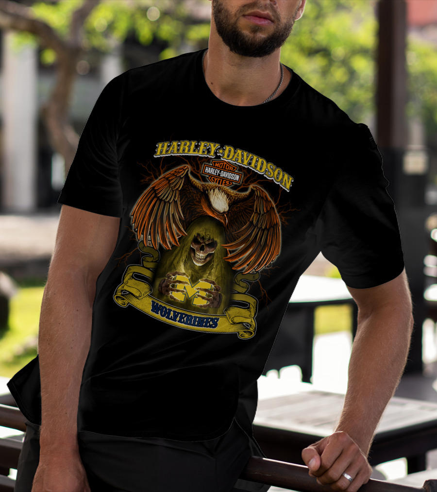 Harley Davidson Motorcycles Michigan Wolverines Ncaa Skull Eagle T-Shirt
