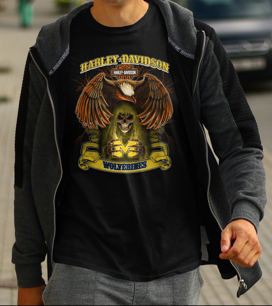 Harley Davidson Motorcycles Michigan Wolverines Ncaa Skull Eagle T-Shirt