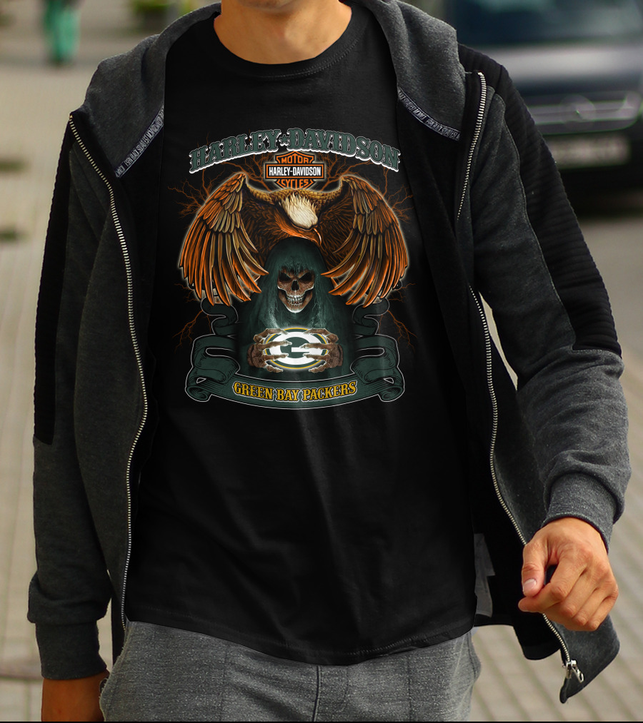 Harley Davidson Green Bay Packers Nfl Skull And Eagle T-Shirt