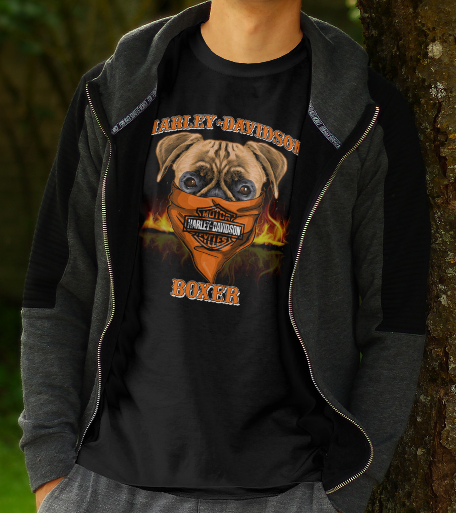 Harley Davidson Motorcycles Boxer Dog In Bandana With Flames T-Shirt