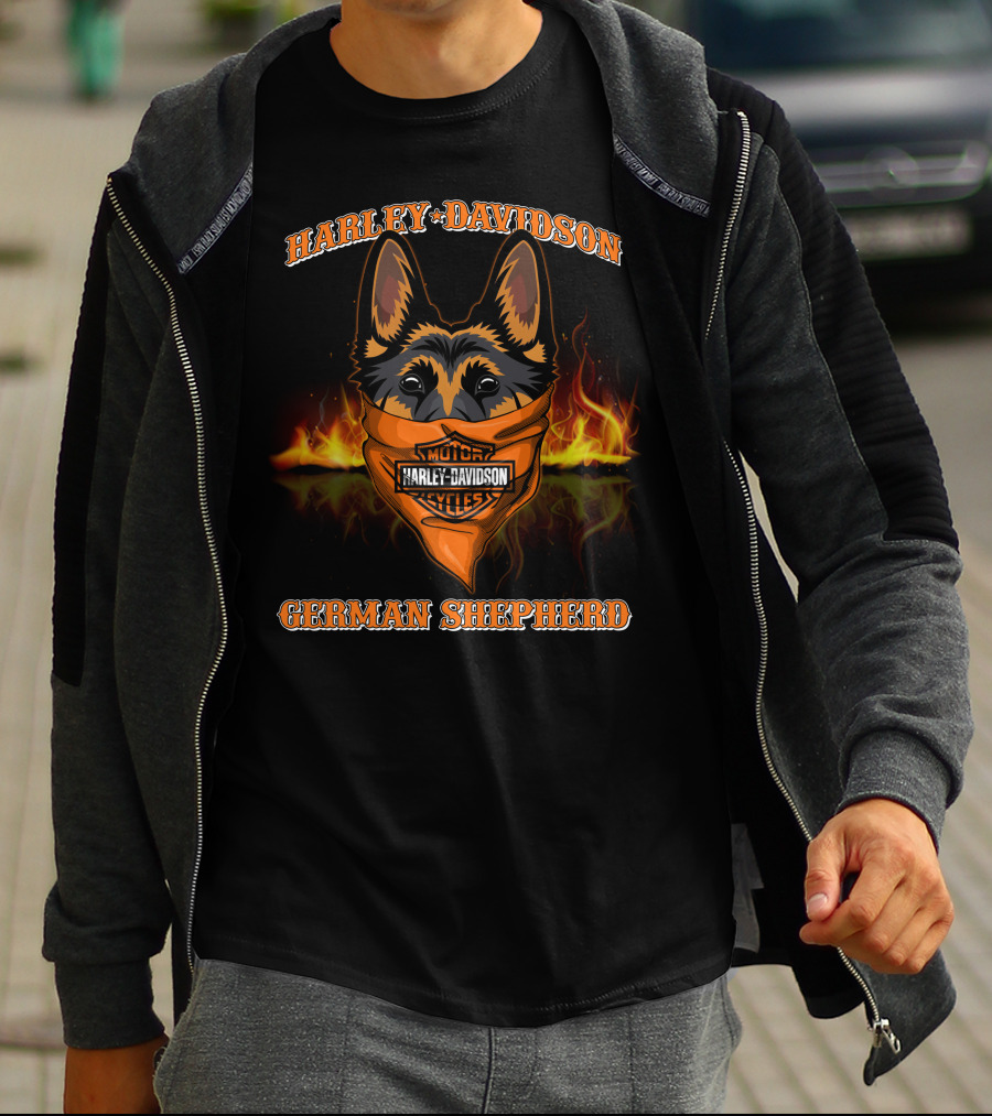 Harley Davidson Motor Cycles German Shepherd Flames T-Shirt