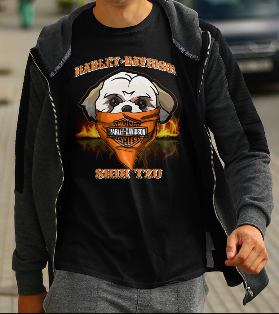 Harley Davidson Shih Tzu Motorcycle Bandana Flames T-Shirt