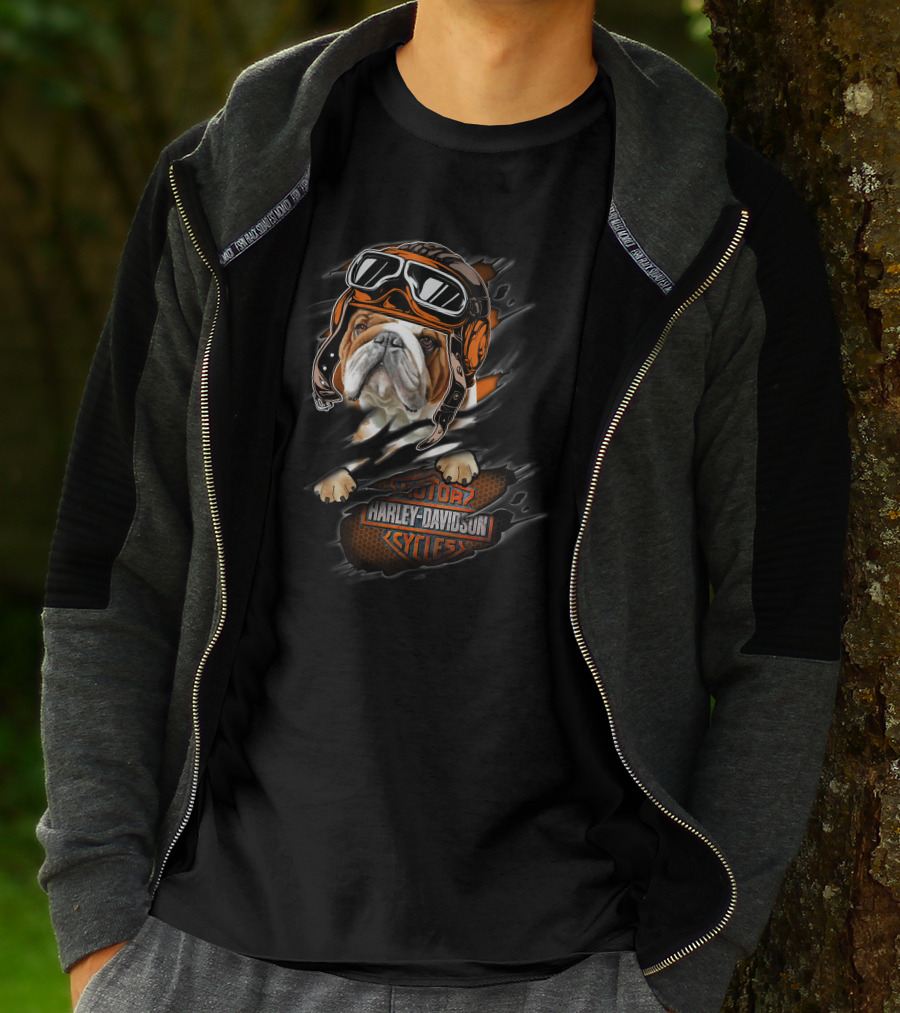 Bulldog With Helmet And Goggles Harley Davidson Cycles T-Shirt