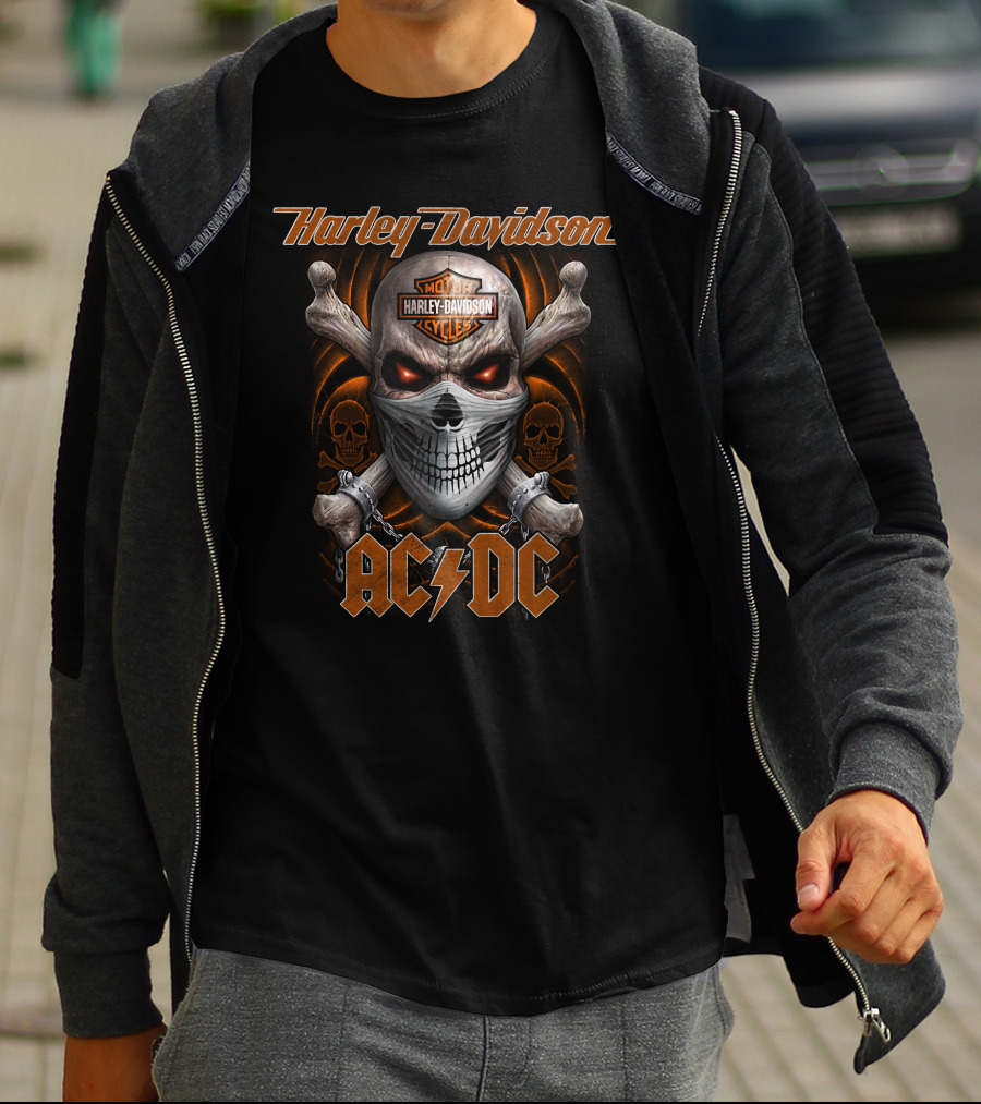 Harley Davidson Ac/Dc Skull And Crossbones Motocycles T-Shirt