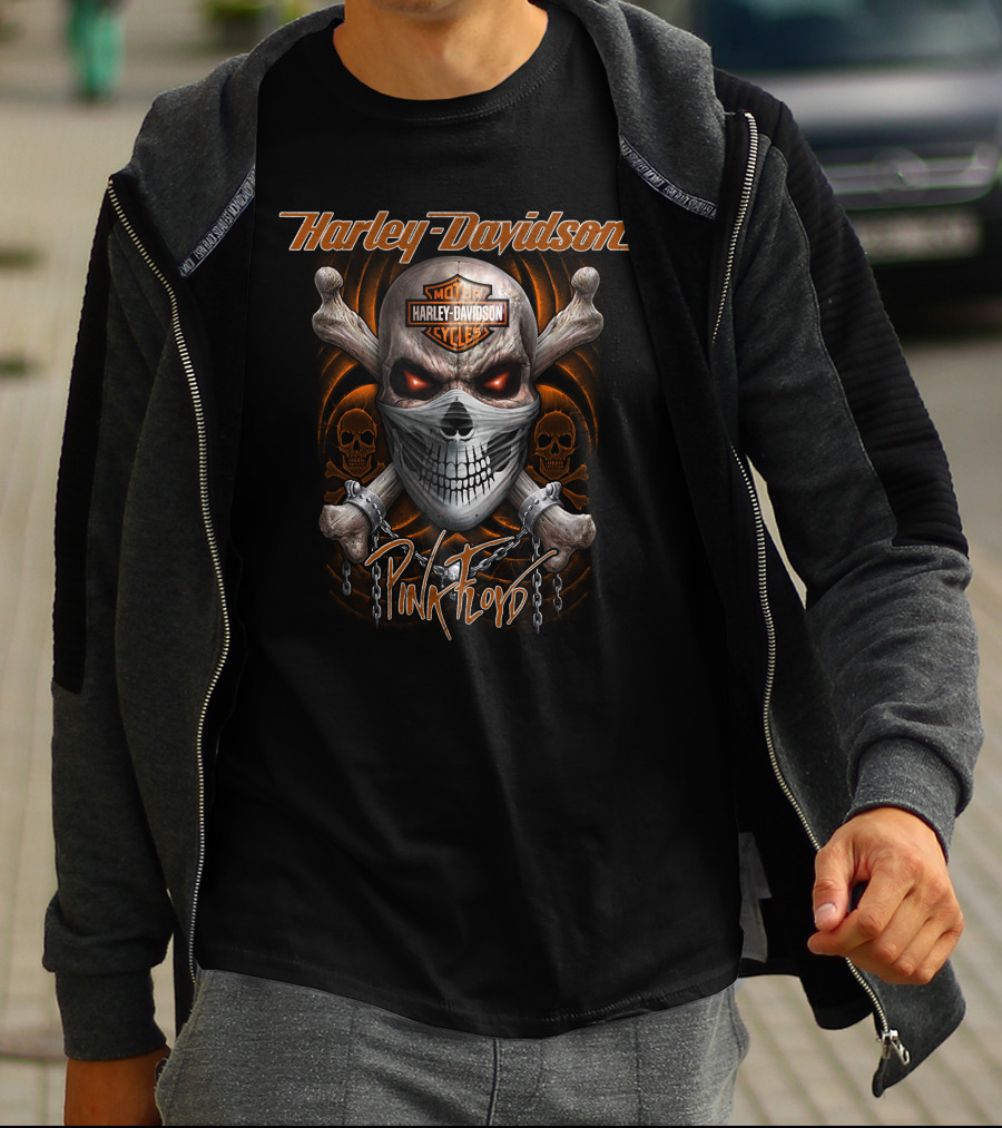 Harley Davidson Pink Floyd Skull Design With Chains And Orange Accents T-Shirt
