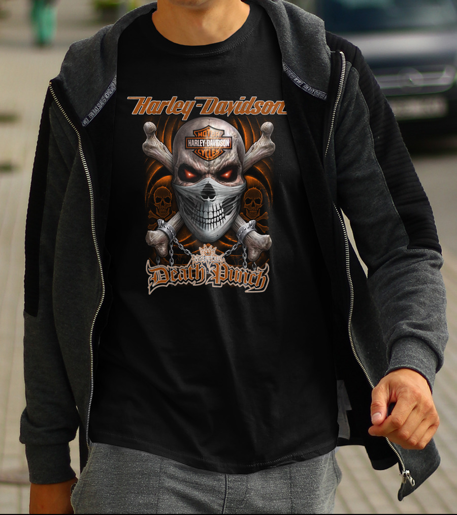 Harley Davidson Five Finger Death Punch Skull With Motor Cycles T-Shirt