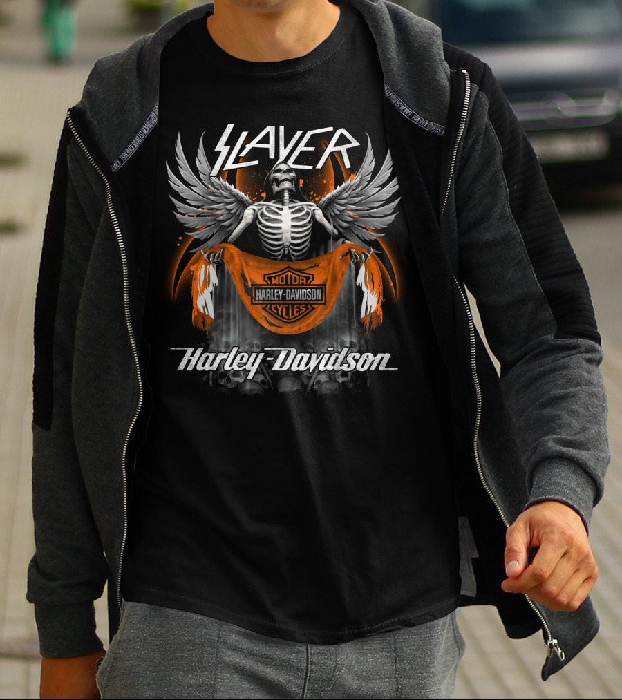 Slayer Harley Davidson Motorcycles Skeleton With Angel Wings T-Shirt