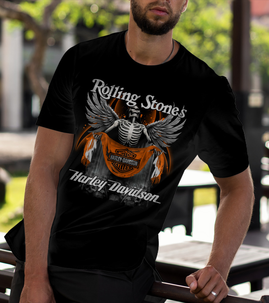 Rolling Stones Harley Davidson Skeleton With Wings T-Shirt
