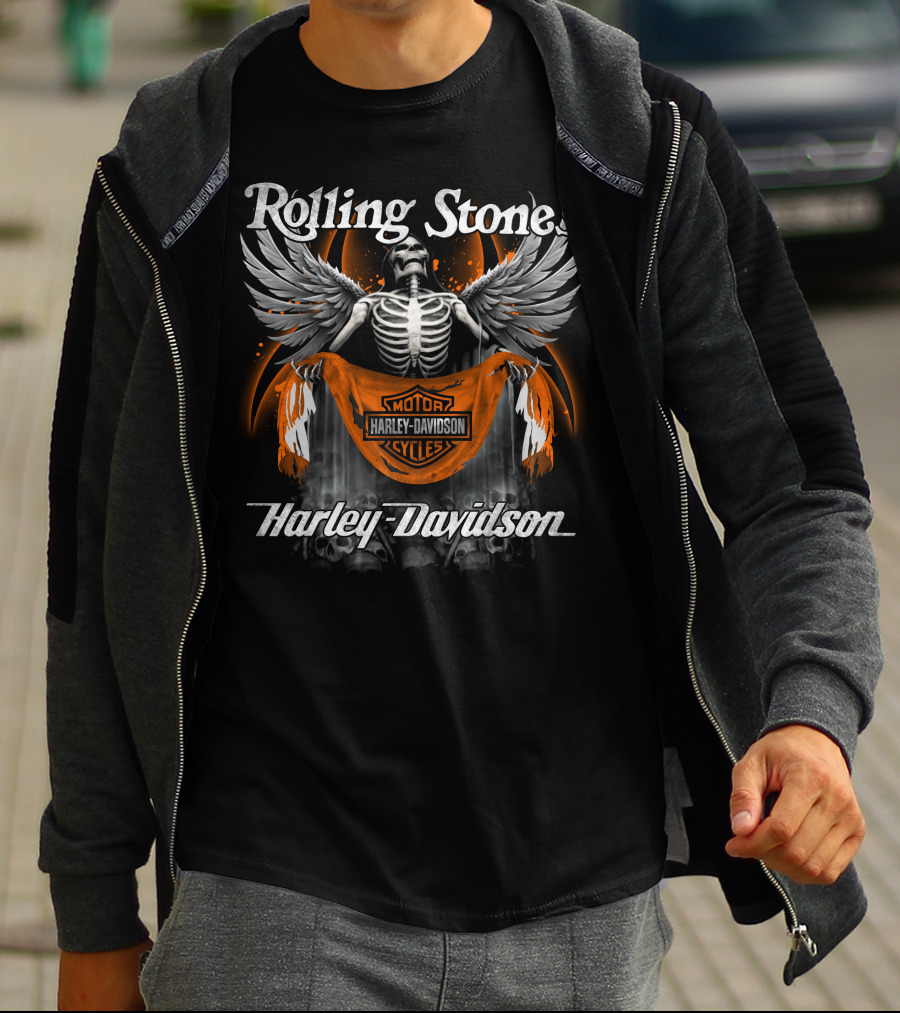 Rolling Stones Harley Davidson Skeleton With Wings T-Shirt