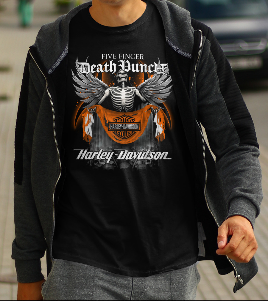 Five Finger Death Punch Harley Davidson Motorcycles Skeleton Wings T-Shirt