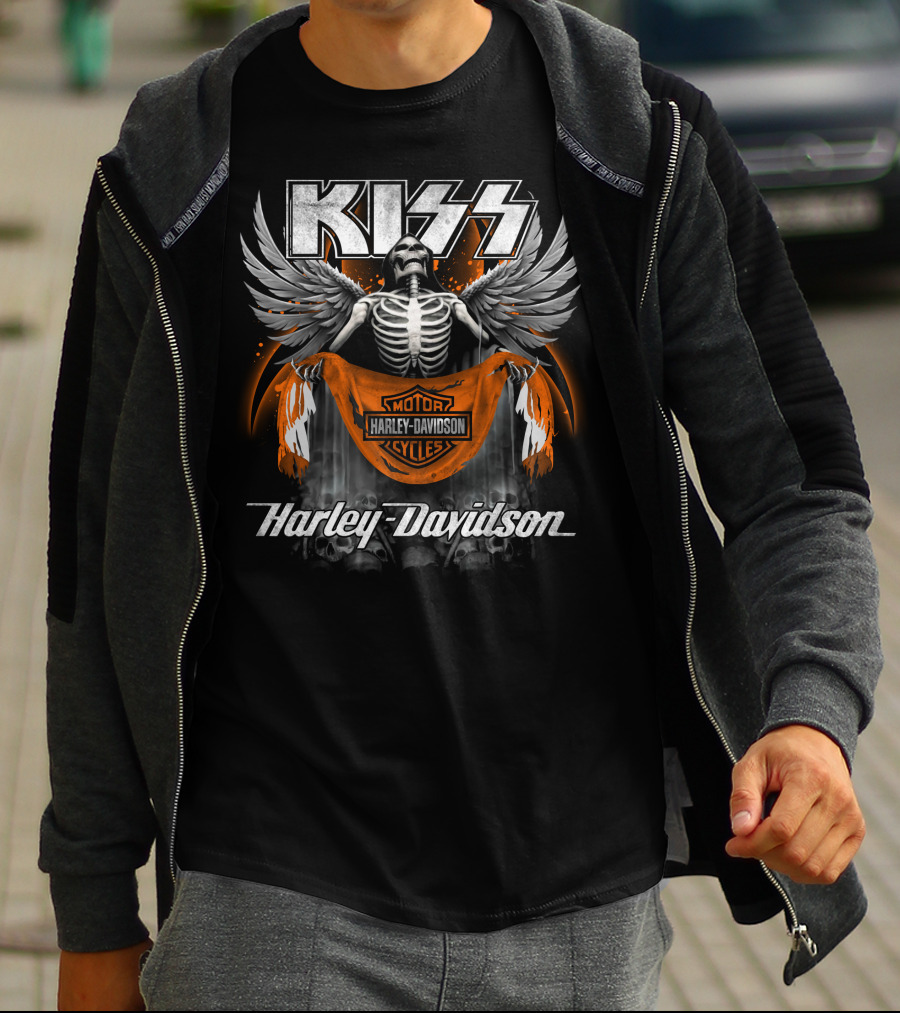 Kiss Harley Davidson Skeleton Wings Motorcycle Banner T-Shirt