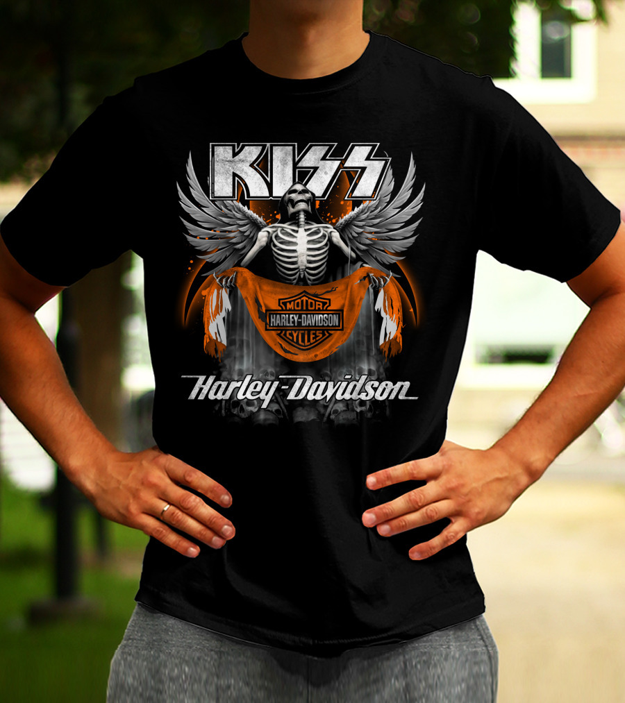 Kiss Harley Davidson Skeleton Wings Motorcycle Banner T-Shirt