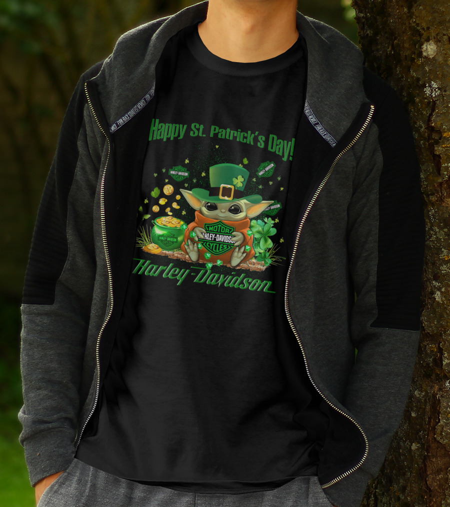 Happy St. Patrick's Day Baby Yoda Harley Davidson T-Shirt