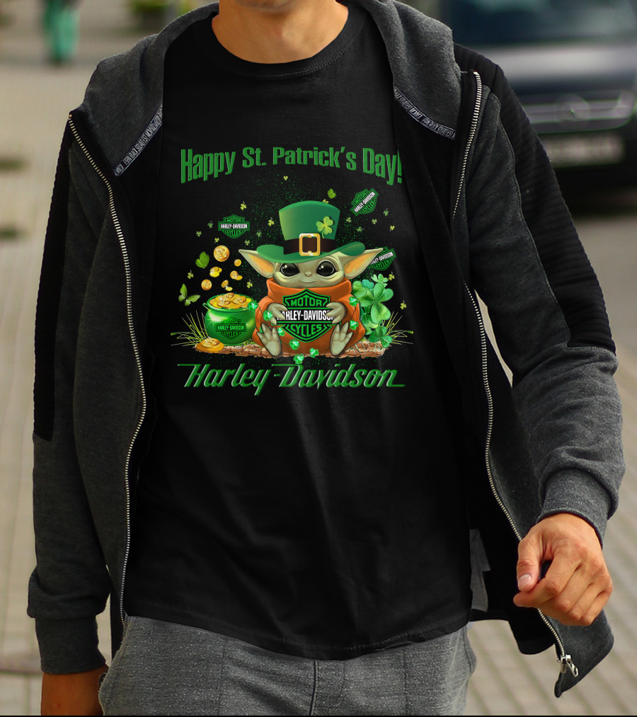 Happy St. Patrick's Day Baby Yoda Harley Davidson T-Shirt
