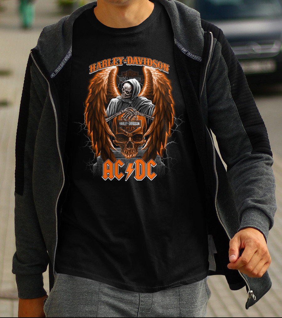 Acdc Harley Davidson Skull Reaper Wings Lightning T-Shirt