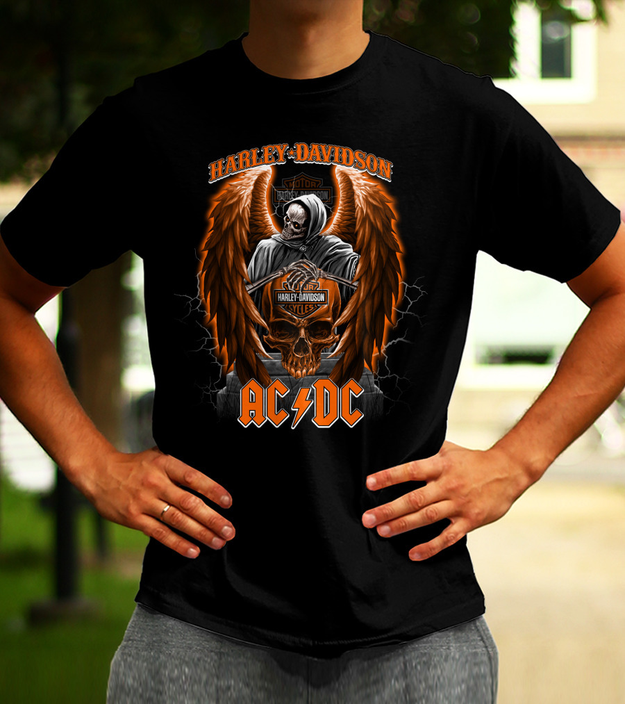 Acdc Harley Davidson Skull Reaper Wings Lightning T-Shirt