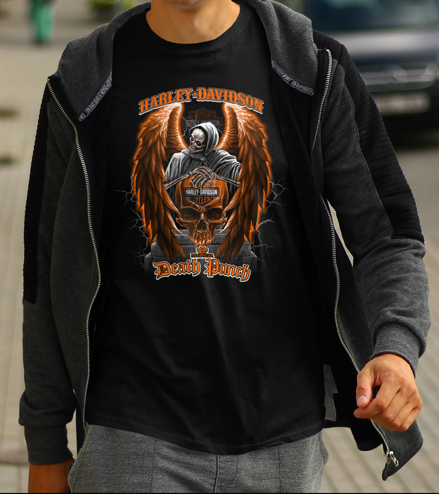Harley Davidson Five Finger Death Punch Skull With Grim Reaper And Angel Wings T-Shirt