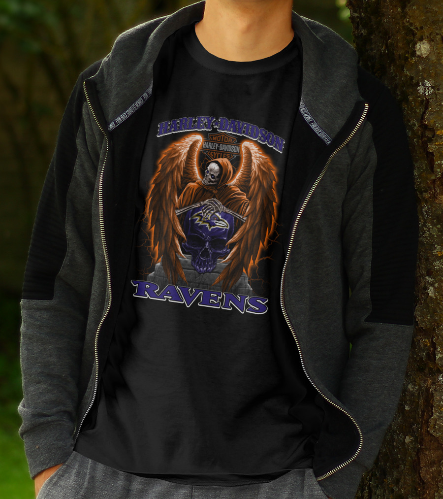 Harley Davidson Motorcycles Baltimore Ravens Nfl Skull Wings Skeleton T-Shirt