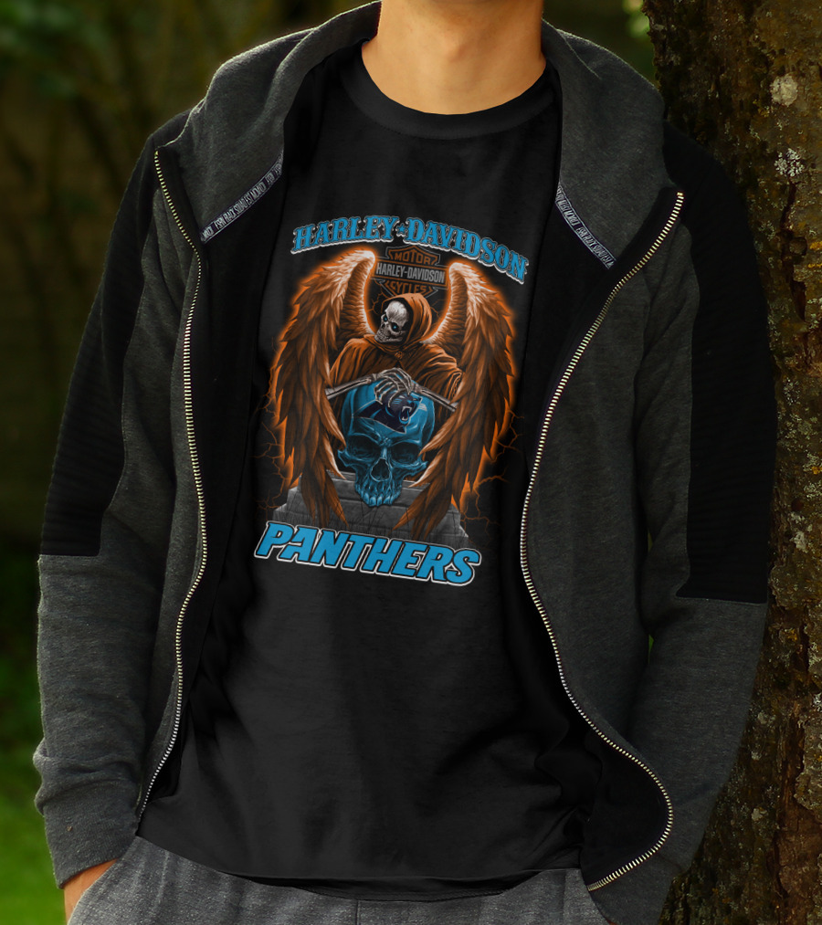 Harley Davidson Motor Cycles Panthers Winged Skeleton Skull T-Shirt