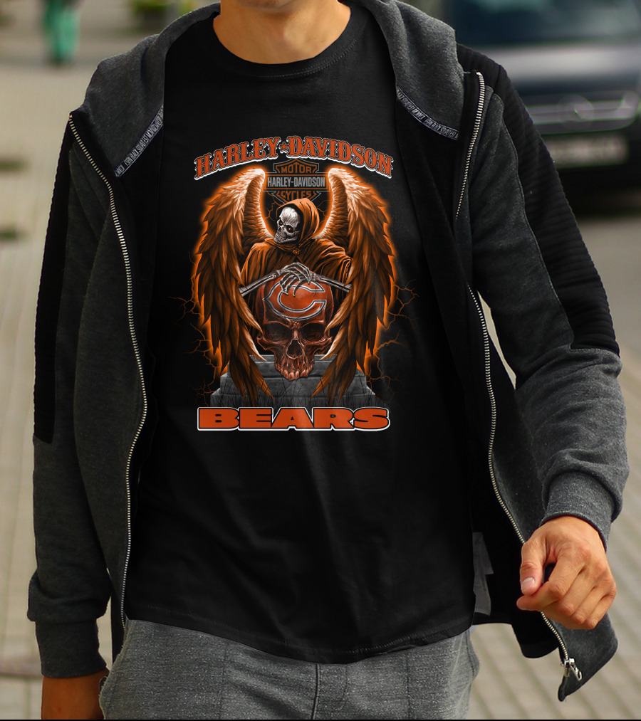 Harley Davidson Motorcycles Chicago Bears Skull Wings T-Shirt