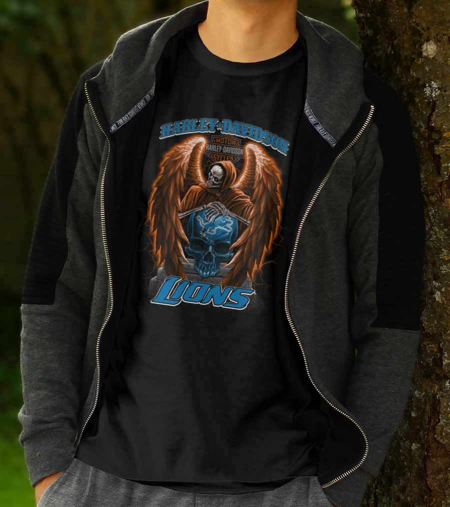 Harley Davidson Motorcycles Detroit Lions Skull With Angel Wings T-Shirt
