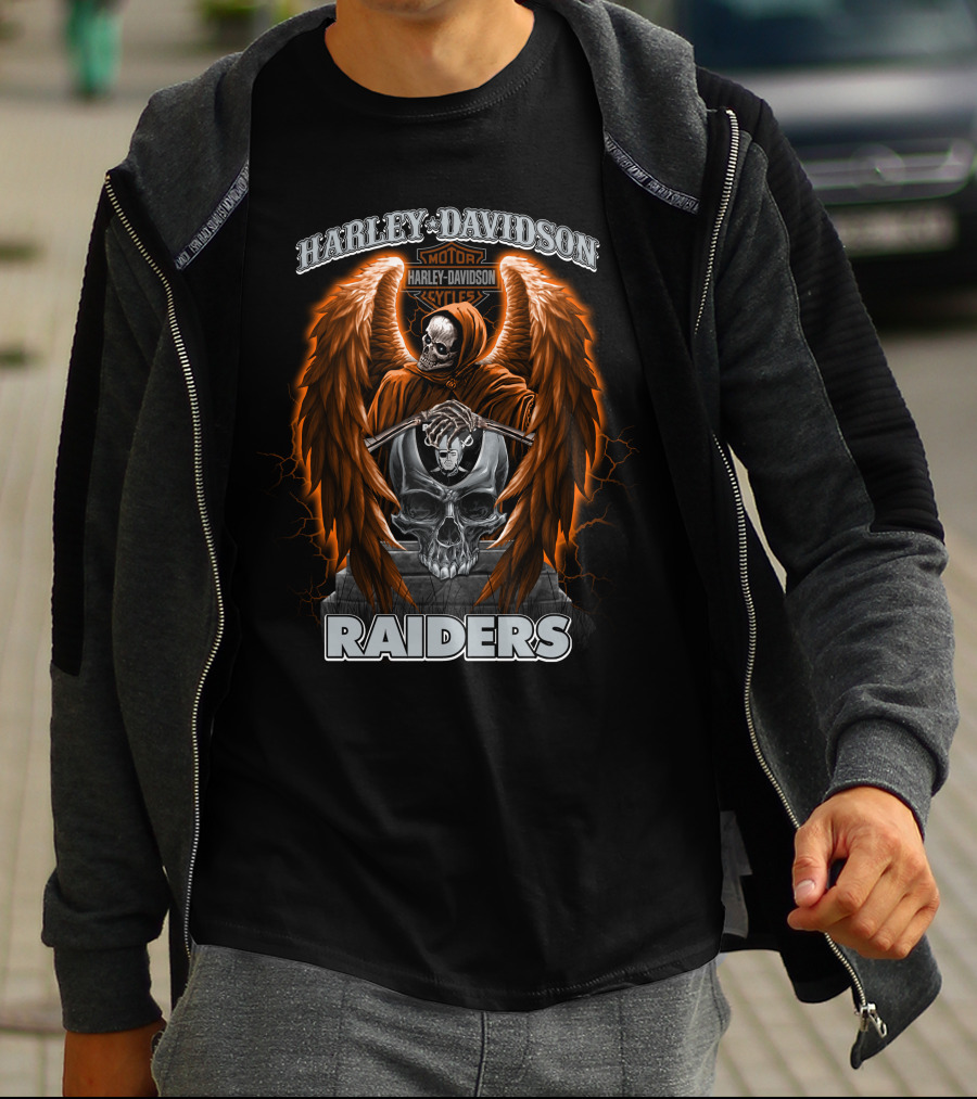 Harley Davidson Las Vegas Raiders Nfl Skeleton Skull Wings T-Shirt