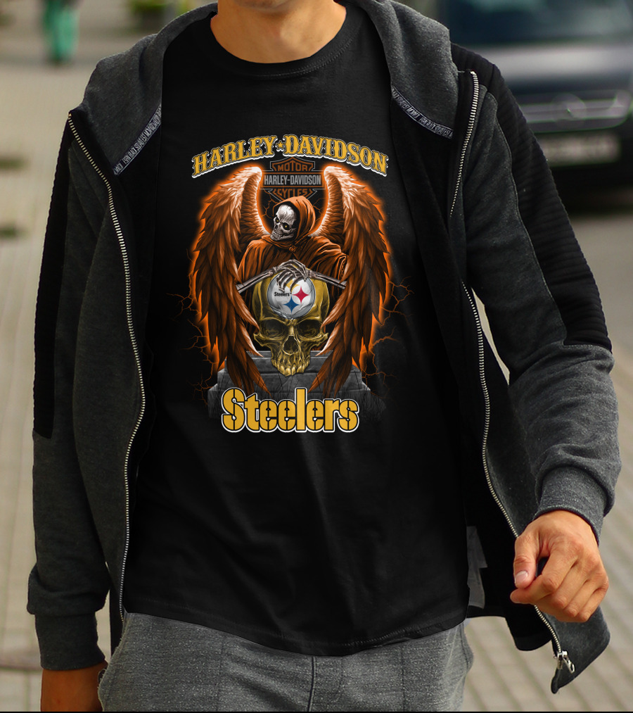 Harley Davidson Motorcycles Steelers Skull With Wings Nfl Pittsburgh T-Shirt