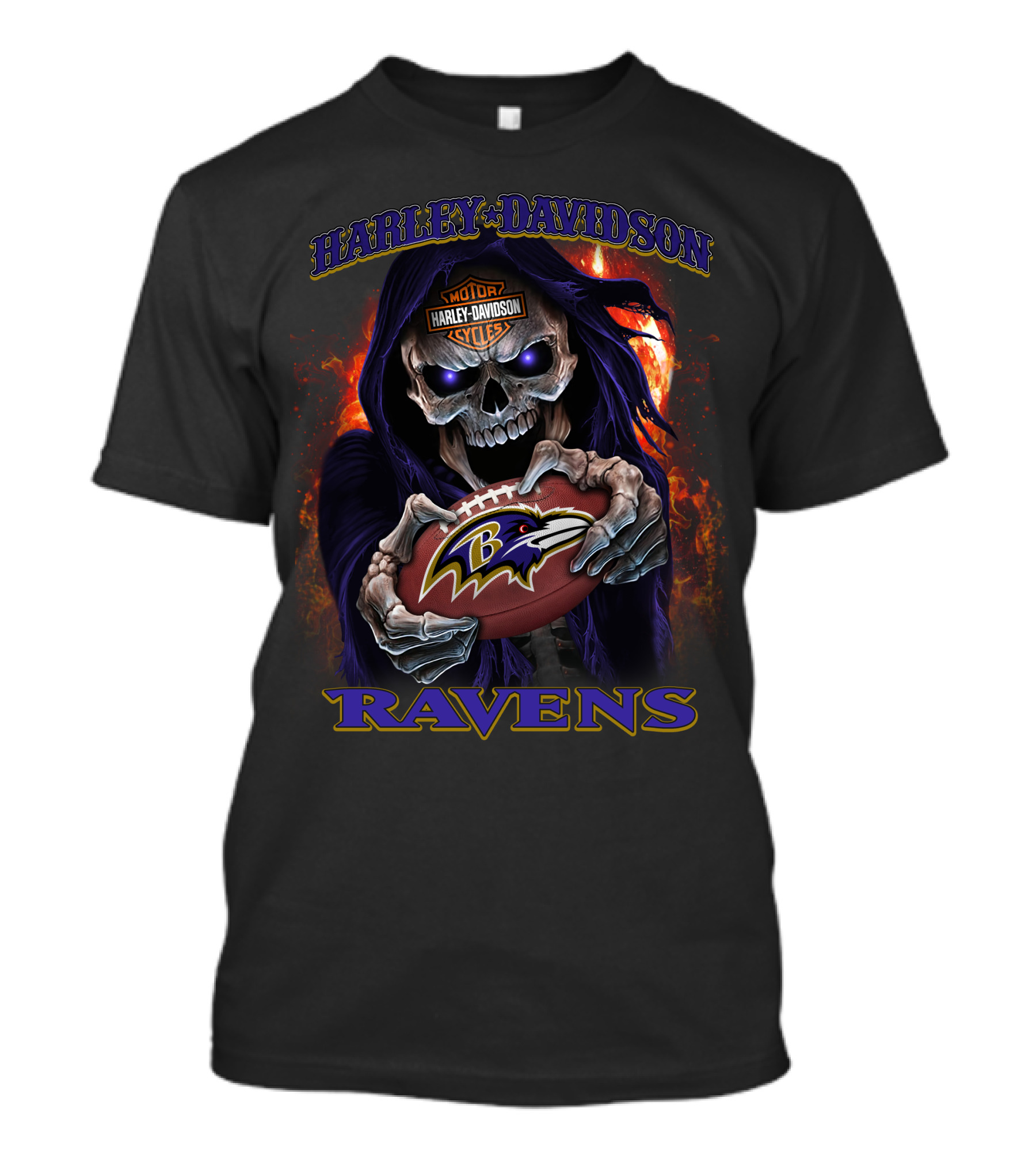 Harley Davidson Skull Holding Baltimore Ravens Football T-Shirt