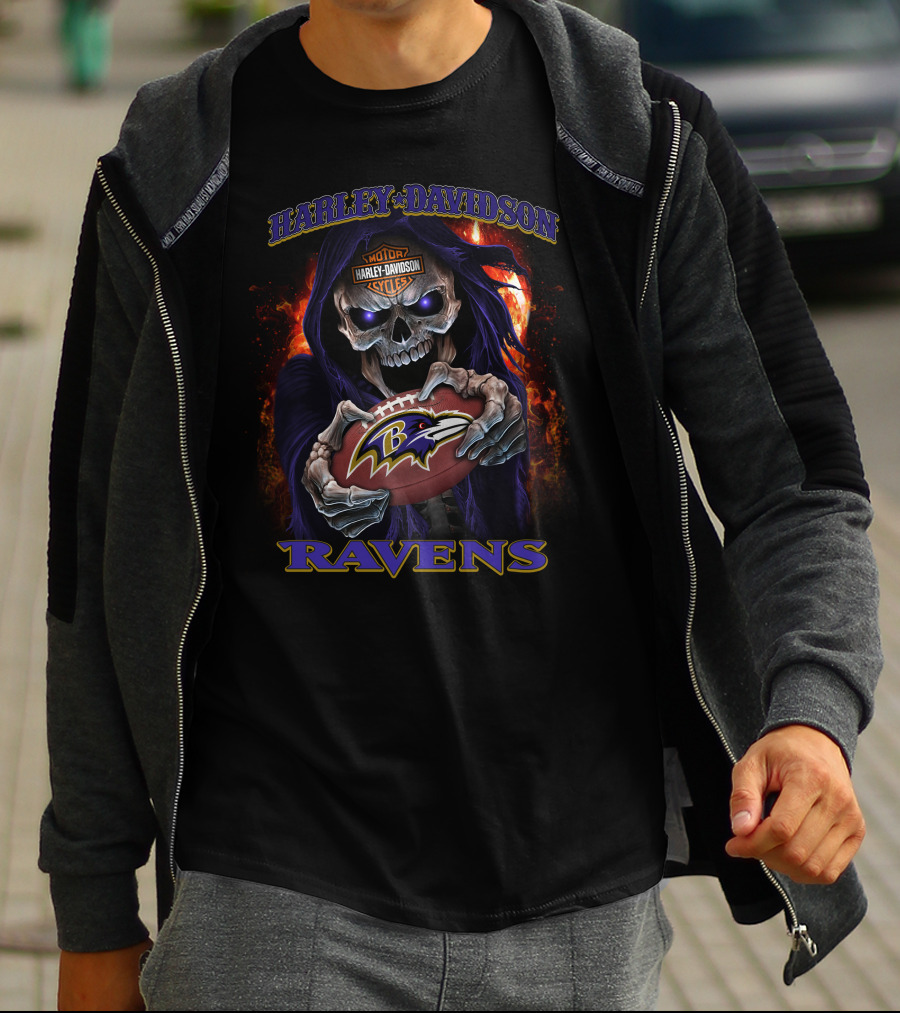 Harley Davidson Skull Holding Baltimore Ravens Football T-Shirt