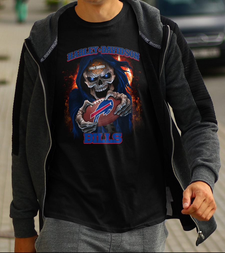 Harley Davidson Buffalo Bills Skull Holding Football T-Shirt
