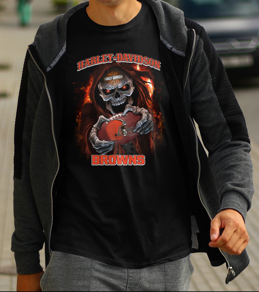 Harley Davidson Motor Cycles Cleveland Browns Skull Football T-Shirt