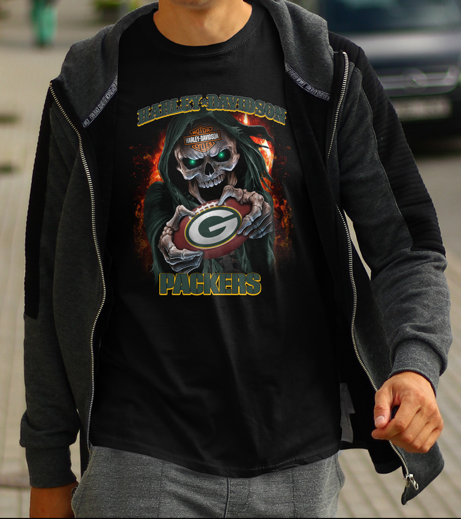Harley Davidson Motor Cycles Green Bay Packers Skull T-Shirt