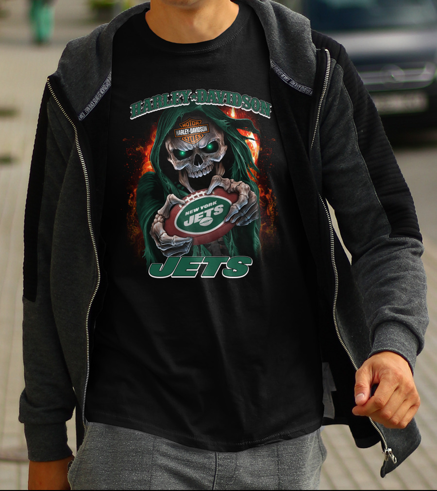 Harley Davidson Motor Cycles New York Jets Skull T-Shirt